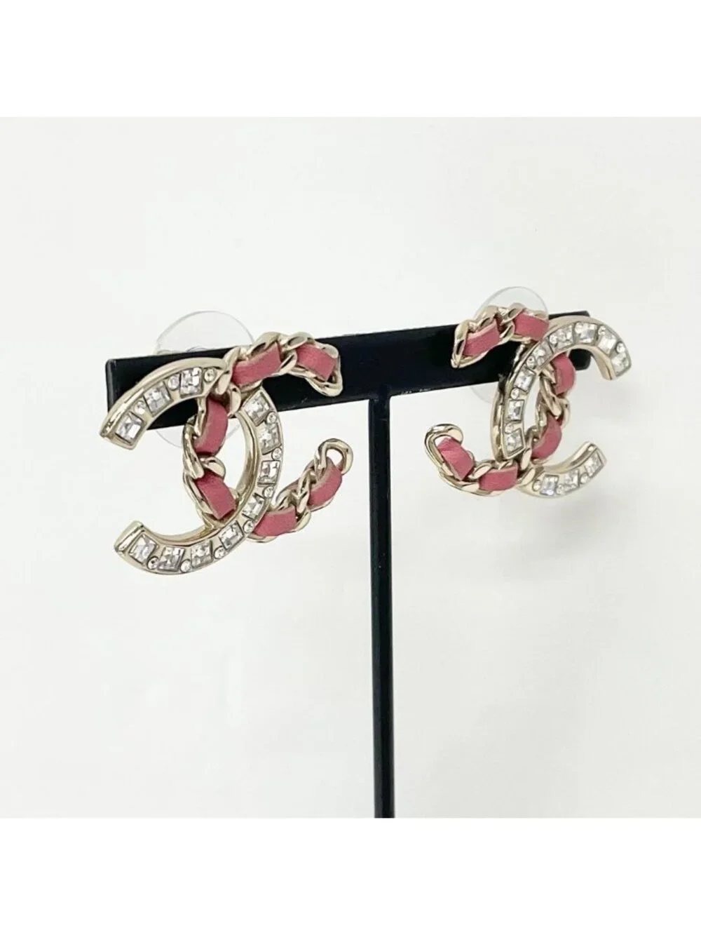 Chanel Earrings CC Logo Rhinestone Gold Pink